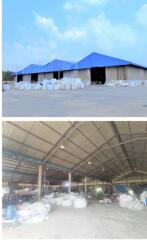 Interior and exterior view of a spacious warehouse with blue roof