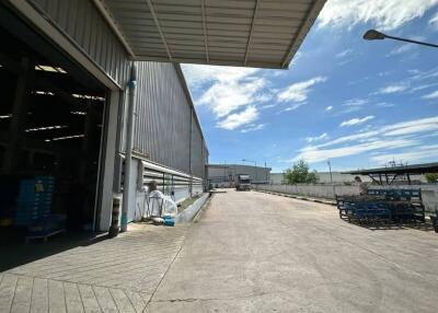 Warehouse exterior with clear blue sky