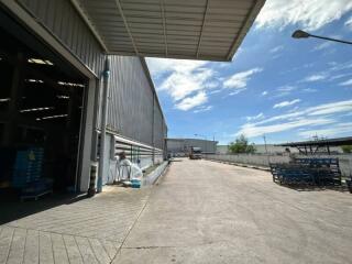 Warehouse exterior with clear blue sky