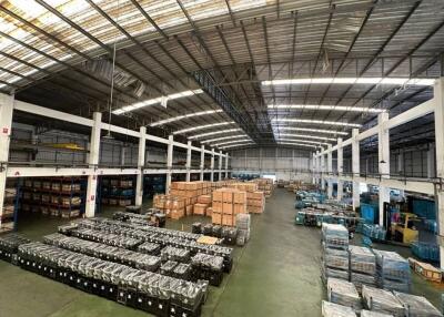 Spacious industrial warehouse interior with goods and pallet storage