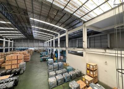 Spacious warehouse interior with high ceiling and storage