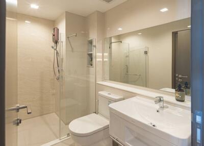 Modern bathroom with glass shower enclosure and large mirror