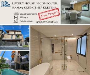 Collage of luxury house images including exterior, swimming pool, dining area, and bathroom