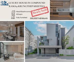 Collage of luxury house images including kitchen, bedroom, dining area, and exterior view