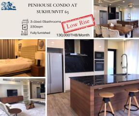 Collage of penthouse condo interiors including living room, bedroom, and kitchen