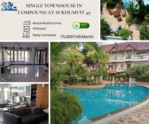 Collage of Townhouse Features Including Interior and Swimming Pool