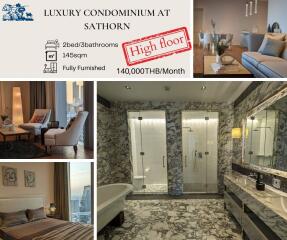 Luxury condominium in Sathorn, showcasing multiple rooms including living area, dining space, bedrooms, and bathrooms