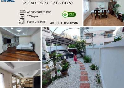 Collage of various spaces in a single house including bedroom, dining area, and garden pathway