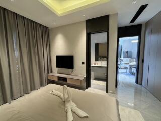 Modern bedroom interior with en-suite bathroom