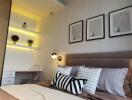 Modern bedroom interior with decorated wall and cozy lighting