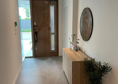 Modern hallway interior with wooden front door and minimalist decor