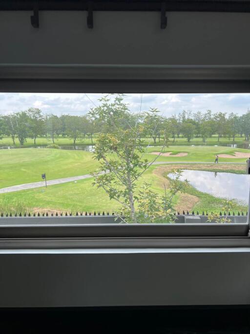 Scenic view from a window overlooking a green landscape with a pond