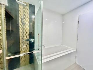 Modern bathroom with glass shower and bathtub