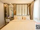 Cozy modern bedroom with ample lighting and mirrored wardrobe