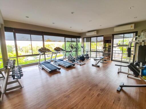Spacious home gym with various exercise equipment and large windows overlooking nature