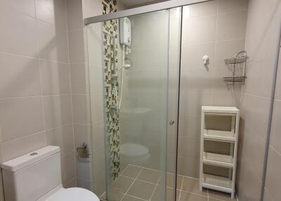 Modern bathroom interior with glass shower cabin