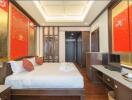 Elegant bedroom with traditional decor and modern amenities