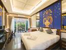 Elegant bedroom with artistic wall design and modern amenities