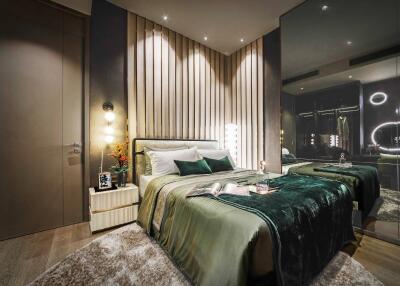Modern bedroom with stylish interior design and city view