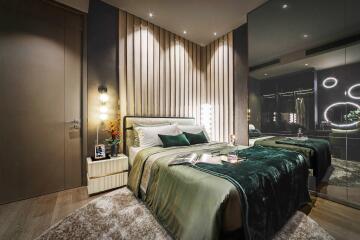 Modern bedroom with stylish interior design and city view