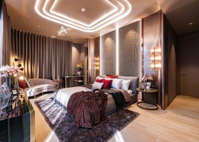 Spacious and modern bedroom with ambient lighting