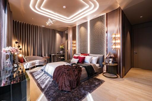 Spacious and modern bedroom with ambient lighting