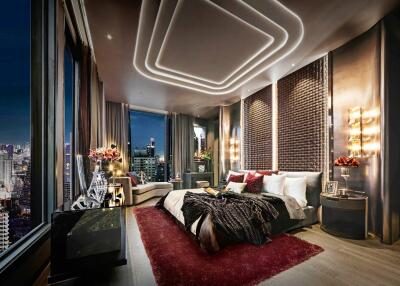 Modern bedroom with city view and stylish interior design