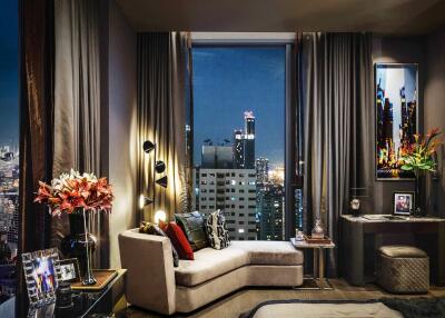 Elegant living room with city skyline view at night