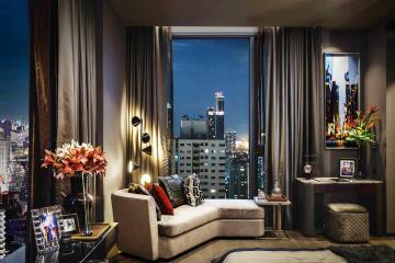 Elegant living room with city skyline view at night