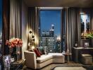 Elegant living room with city skyline view at night