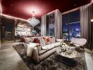 Elegant modern living room with city view at night