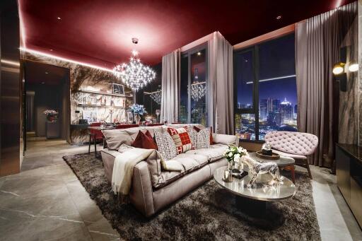 Elegant modern living room with city view at night