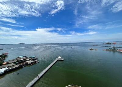 Aerial view of coastal area with clear skies