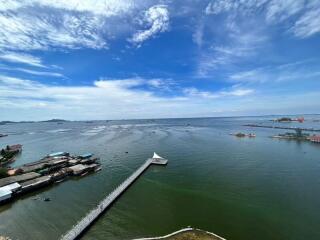 Aerial view of coastal area with clear skies