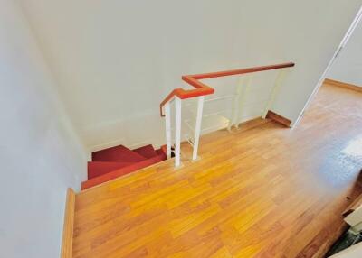 Staircase with wooden floors and red carpet