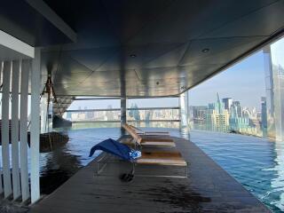 Luxury indoor pool with a cityscape view