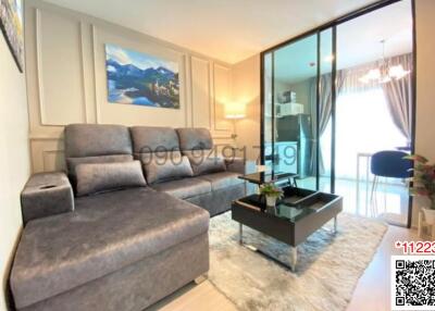 Modern living room interior with sofa and glass partition