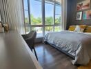 Bright and modern bedroom with floor-to-ceiling windows and hardwood floors