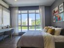 Bright and elegant bedroom with a comfortable bed and a view