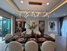 Elegant dining room with modern chandelier and artwork