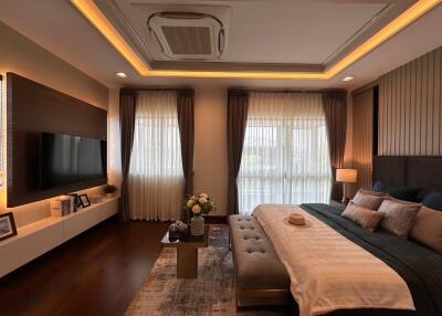 Modern bedroom with elegant interior design including a large bed, ambient lighting, and a television