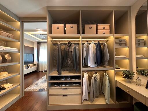 Spacious walk-in closet with organized shelving and lighting