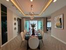 Modern dining room with artistic lighting and decor