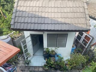 Exterior view of a small residential home with a slanted roof and garden plants