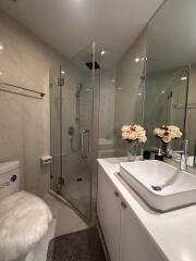 Modern bathroom with glass shower enclosure and sleek basin