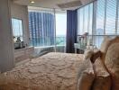 Modern bedroom with city view and large windows