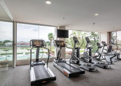 Modern gym with cardio equipment and large windows overlooking green outdoor space