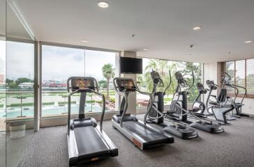 Modern gym with cardio equipment and large windows overlooking green outdoor space