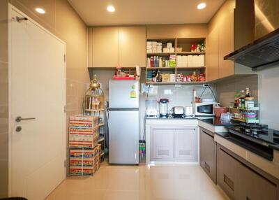 Modern kitchen with appliances and well-stocked shelves