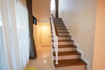 Bright staircase with wooden steps leading to upper level in a modern home